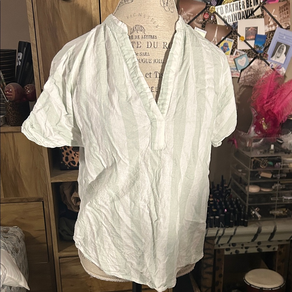 a new day Green & Cream Striped Linen Blouse - Medium